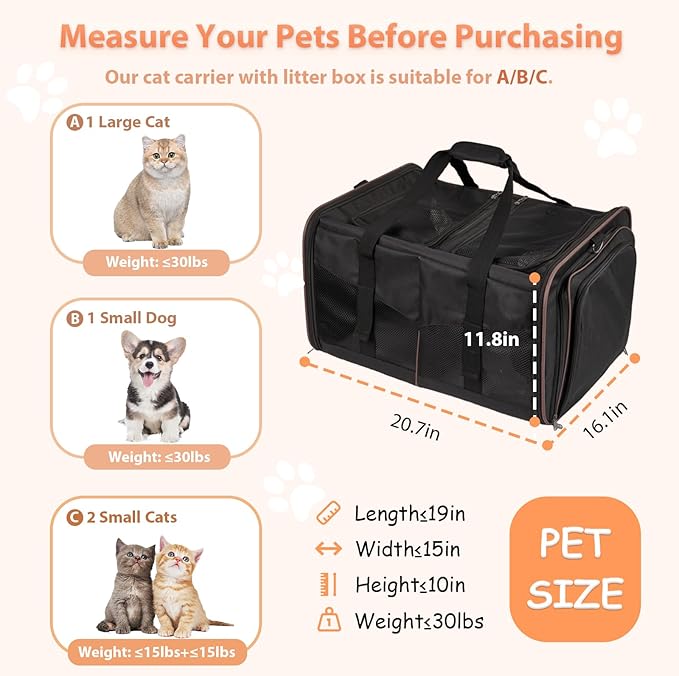 Portable Double Cat Carrier with Litter Box, Large Expandable Cat Carrier for 2 Cats, Soft Sided Pet Carriers for Car Travel, Pet Carrier with Safety Locking Zippers, Home & Outdoor Use, Black