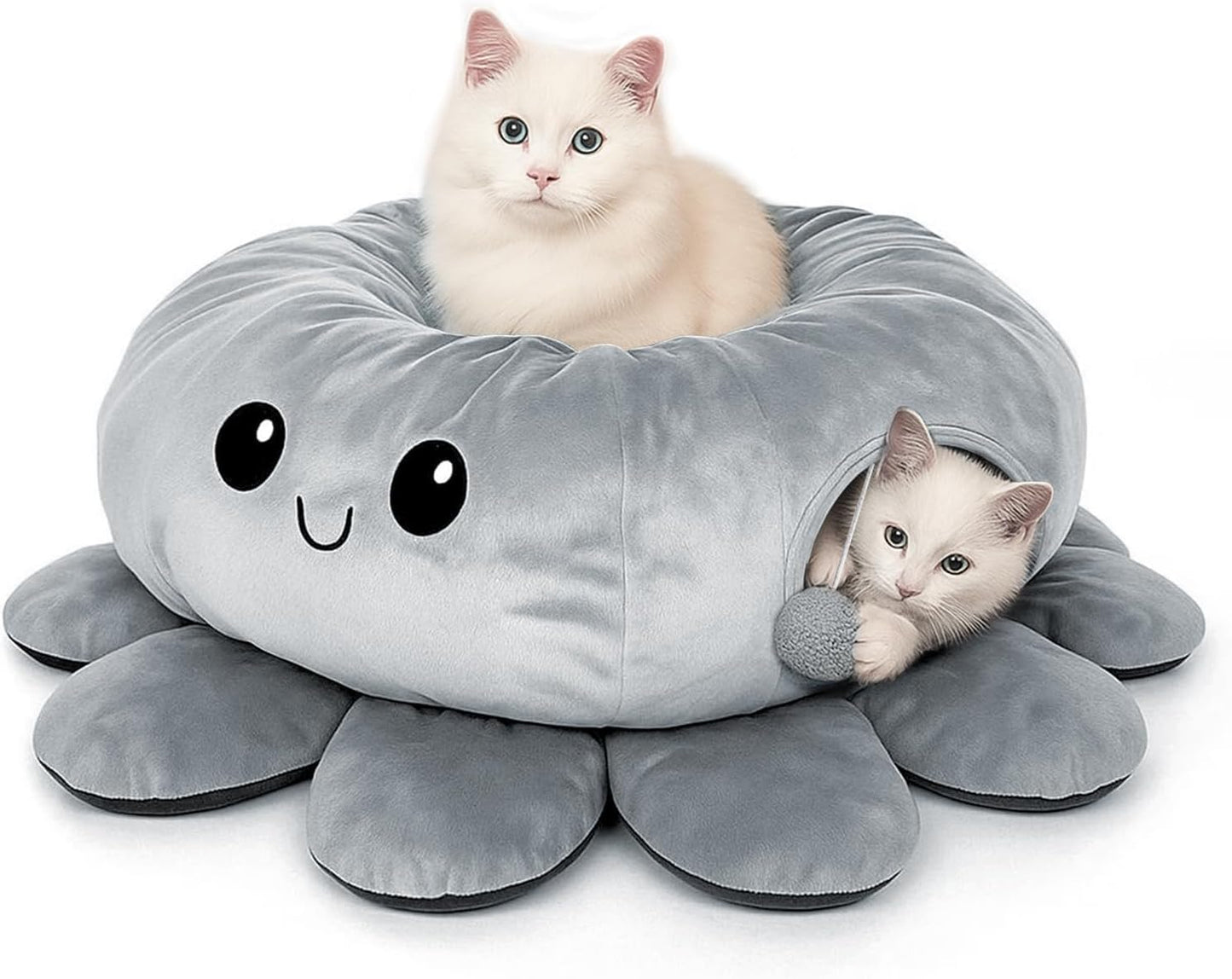 Cat Tunnel Bed for Indoor Cats, Peekaboo Cat Cave Bed,Soft Cat Donut Tunnel for Kitten Large Cats, Cute Green Octopus Shaped - Pet Explorer