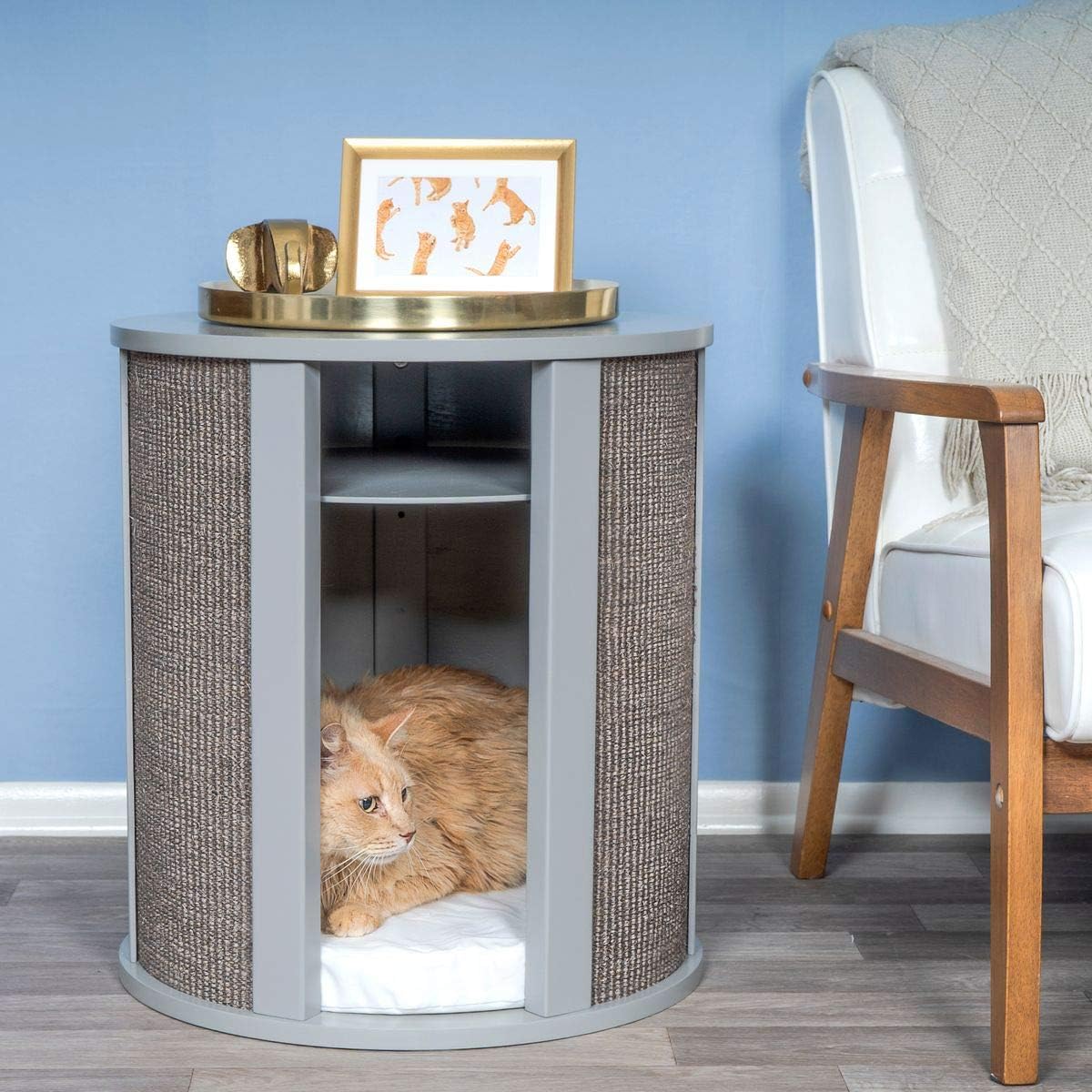 THE REFINED FELINE Purrrrfect End Table Cat Bed Cave in Smoke Gray, Multipurpose Wood Cat Furniture Nightstand, Easy to Clean Covered Cat Bed with Replaceable Scratching Post & Washable Cushion - Pet Explorer