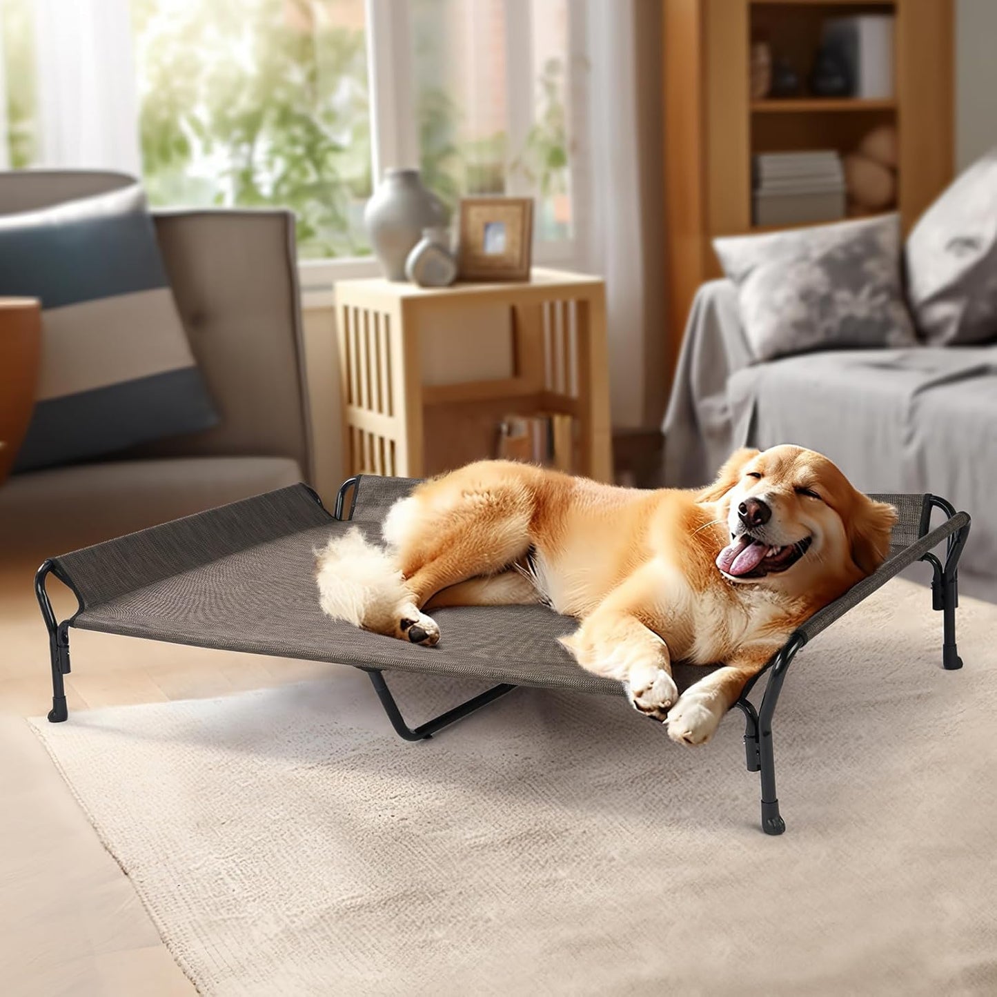Veehoo Cooling Elevated Dog Bed, Guardrail Raised Pet Cot, Indoor & Outdoor XXL Pet Bed with Washable & Breathable Teslin Mesh, Non-Slip Feet, Dog Couch Bed, 62.5" x 37", Brown - Pet Explorer