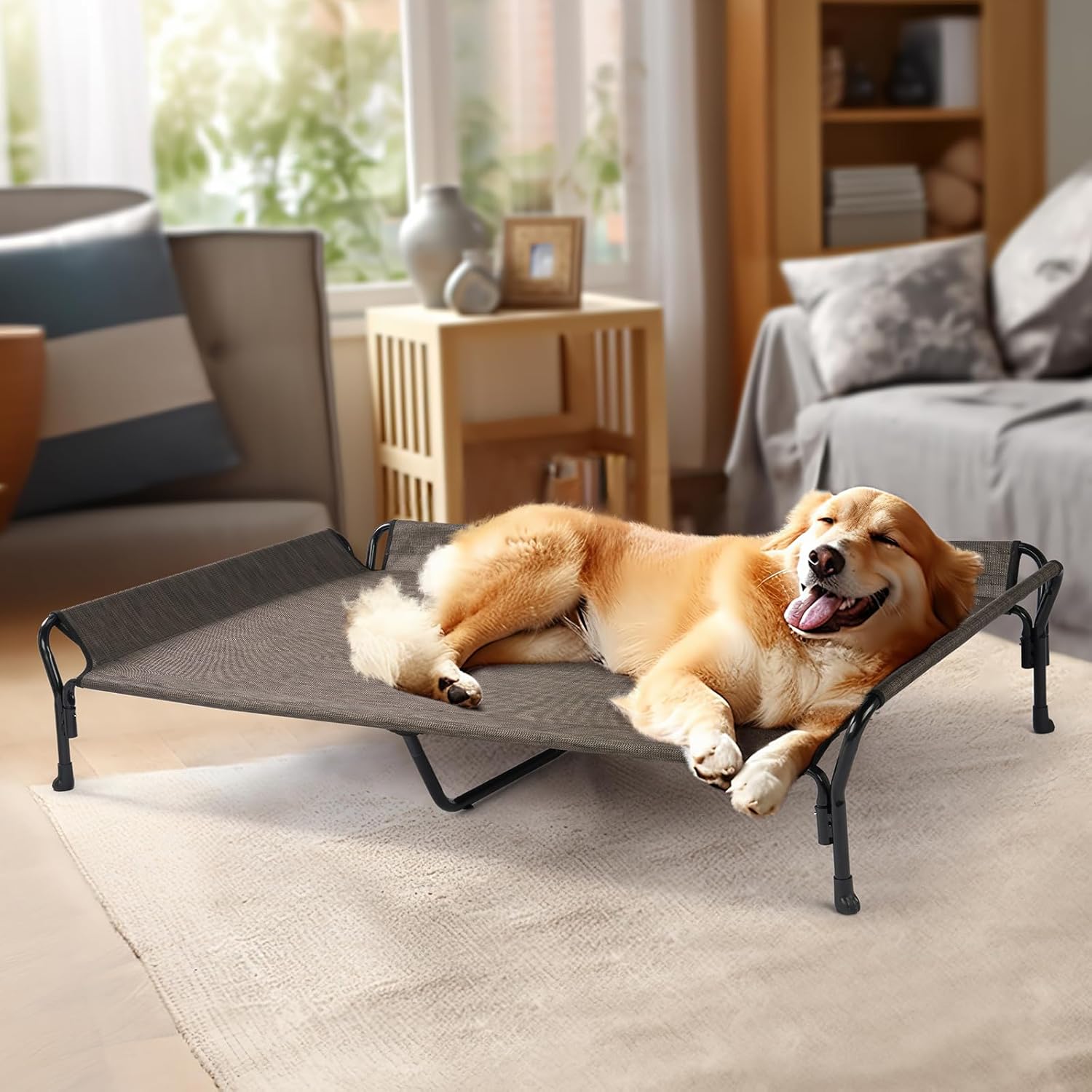 Veehoo Cooling Elevated Dog Bed, Guardrail Raised Pet Cot, Indoor & Outdoor XXL Pet Bed with Washable & Breathable Teslin Mesh, Non-Slip Feet, Dog Couch Bed, 62.5" x 37", Brown - Pet Explorer