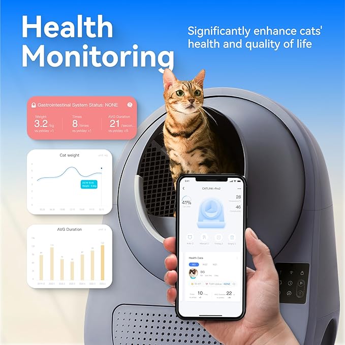 CATLINK Self-Cleaning Automatic Cat Litter Box, Gray - Robot Litter Box with Health Monitoring, Multi-Cat Households, Safe Anti-Pinch, Odor-Free/APP Control/Large Capacity/60 Liners, 1-Year Warranty