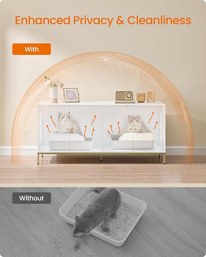 Feandrea Double Cat Litter Box Enclosure, Hidden Litter Box Furniture with Double Room, for 2 Cats, Modern Style, 47.2" Pet House Washroom Cabinet, Side End Table, TV Stand, White and Gold