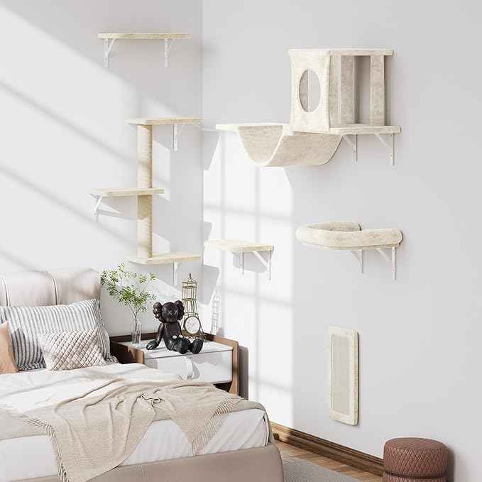 6-in-1 Cat Wall Shelves, Wooden Climbing Wall with Scratching Post, Wall Mounted Cat Furniture for Climbers, Space-Saving Cat Wall for Play & Rest, Drywall & Solid Walls