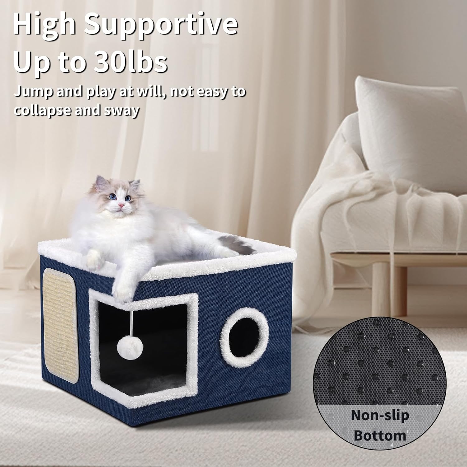 Cat House Bed for Indoor Cats, Large Cat Cave with Cozy Condo, Fluffy Hanging Ball, Scratch Pad, Hide-and-Seek, Foldable Indoor Cat House Hideaway with Double-Sided Soft Cushions for All Seasons, Blue - Pet Explorer