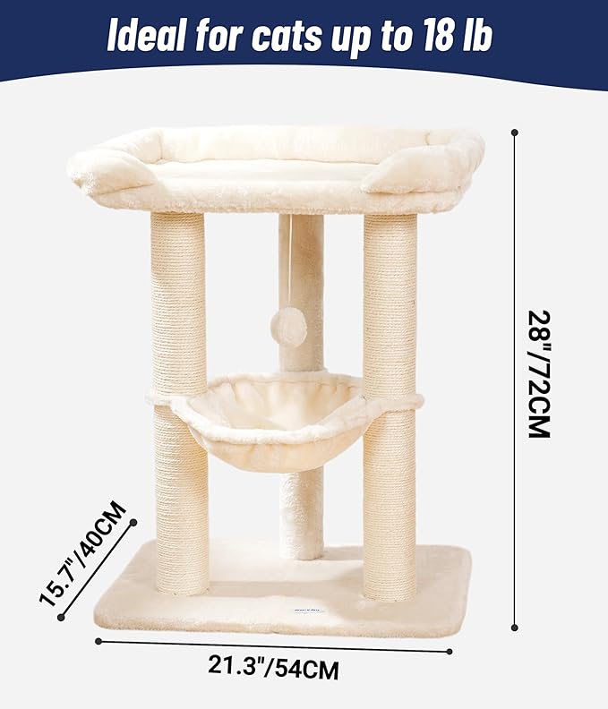 Happi N Pets 28" Cat Tree Tower, Tall Cat Scratching Post with Soft Perch for Window Viewing, Large Bed for Big Cats, Stable & Compact Cat Tower with Hammock, Removable Cover-Beige
