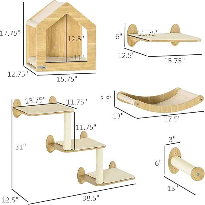 10-Piece Wall-Mounted Cat Tree Set, Multi-Level Cat Climbing Shelves with House, Hammocks, Perches and Scratching Posts for Indoor Cats, Wooden Cat Furniture