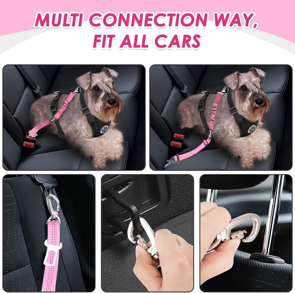 Lukovee Dog Seat Belt for Car, Adjustable Dog Car Harness for Large Medium Small Dogs, Soft Padded & Breathable Mesh Dog Seatbelt with Car Strap and Carabiner(Pink Double Clip,X-Small) - Pet Explorer