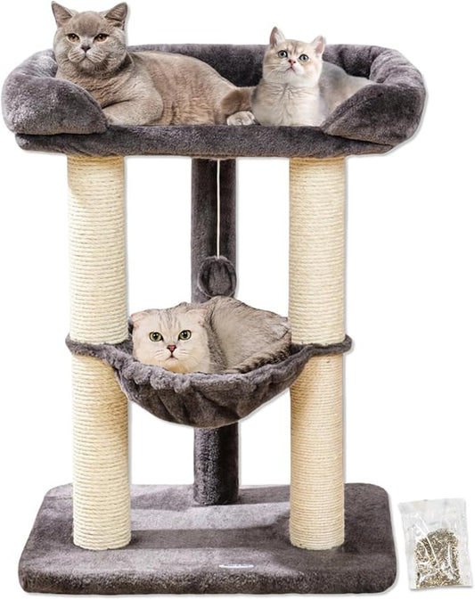 Happi N Pets 28" Cat Tree Tower, Tall Cat Scratching Post with Soft Perch for Window Viewing, Large Bed for Big Cats, Stable & Compact Cat Tower with Hammock, Removable Cover-Gray