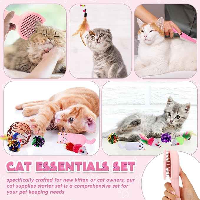 38 Pcs Kitten Supplies Starter Kit Cat Essentials Set Include Cat Scratcher Cardboard Stainless Steel Litter Box Bed Carrier Kitten Toys Accessories for Welcome Gift Supplies