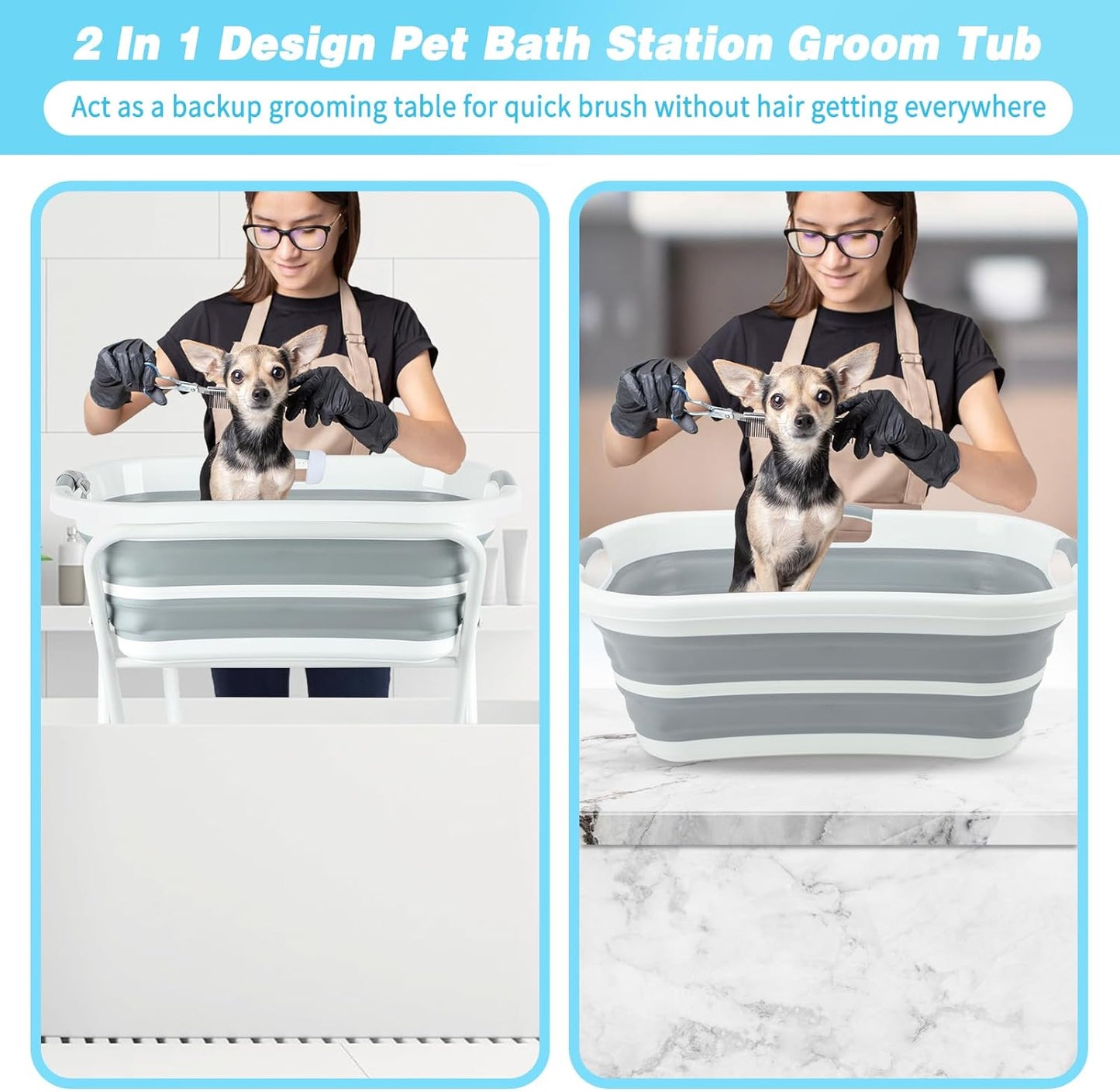 FHTONGE Elevated Dog Bathtub Grooming Station with Drain Adjustable Collar, 2 in 1 Collapsible Dogs Beautify Bathtub Portable Pet Washing Station, Pet Tub for Small Medium Dog Cat Shower Hairdressing - Pet Explorer