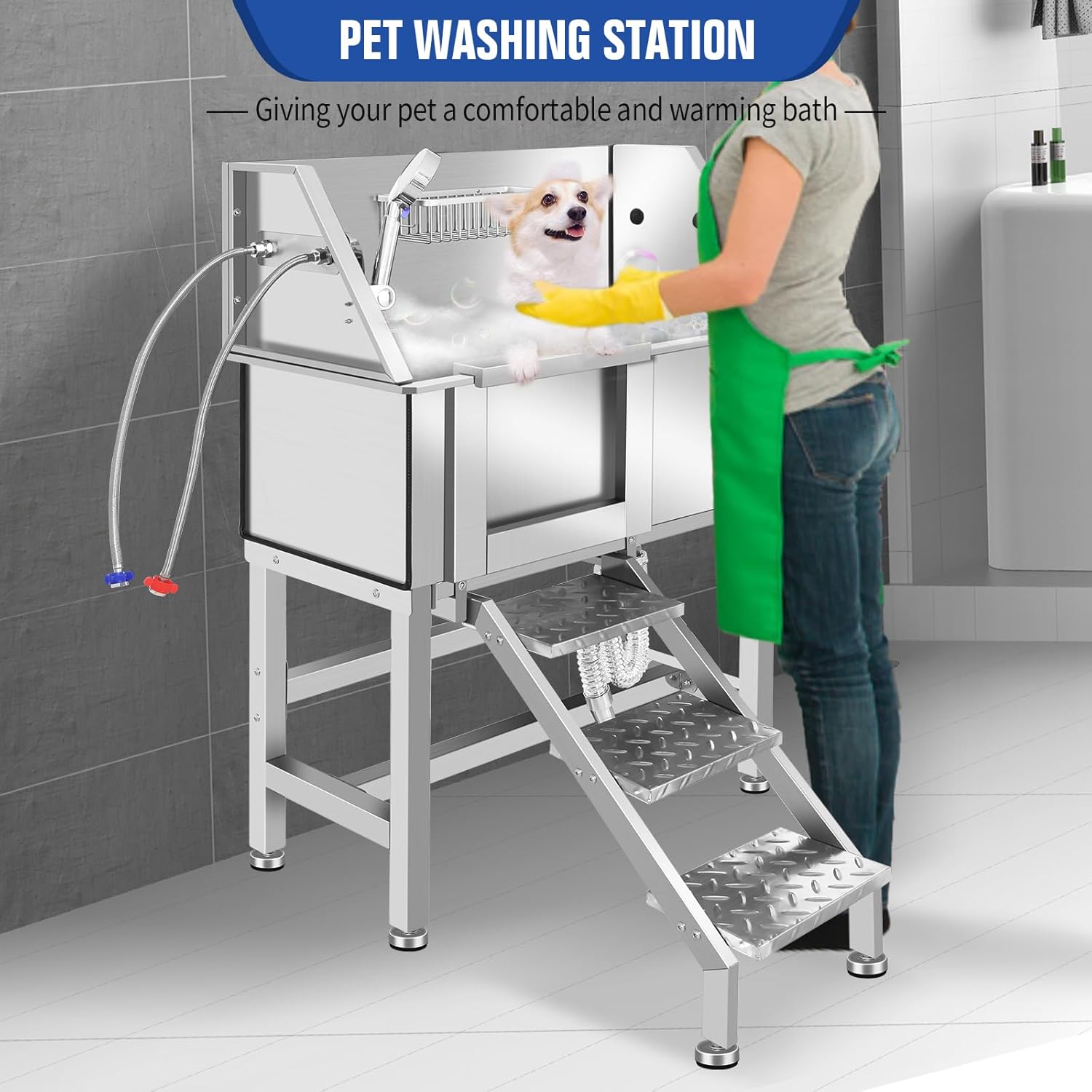 Electric Dog Bathing Station for Large Dogs, Height Adjustable Stainless Steel Dog Pet Washing Station, Professional Dog Grooming Tub with Electric Lift, Pet Wash Bath Station - Pet Explorer