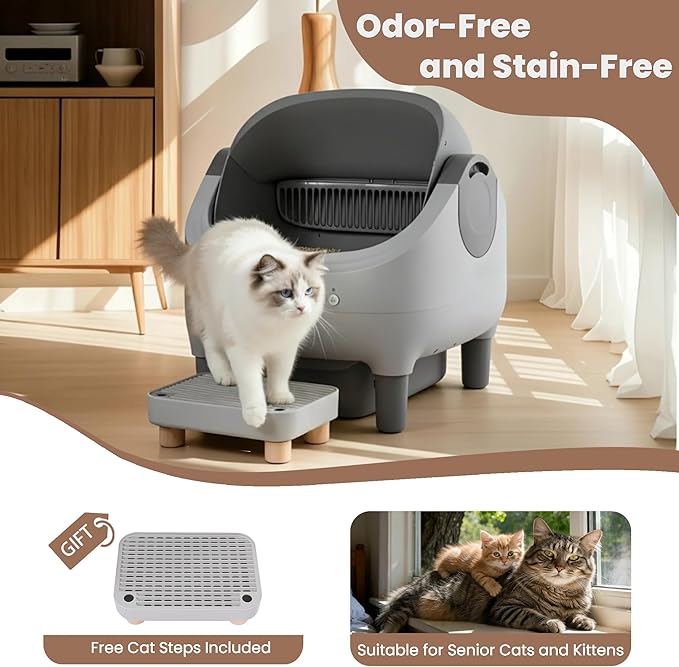 Automatic Litter Box with Raised Step, Open Top Large Capacity Self Cleaning Litter Box for Multiple Cats, Smart App Control, Odor-Free & Health Monitoring & Quiet Operation