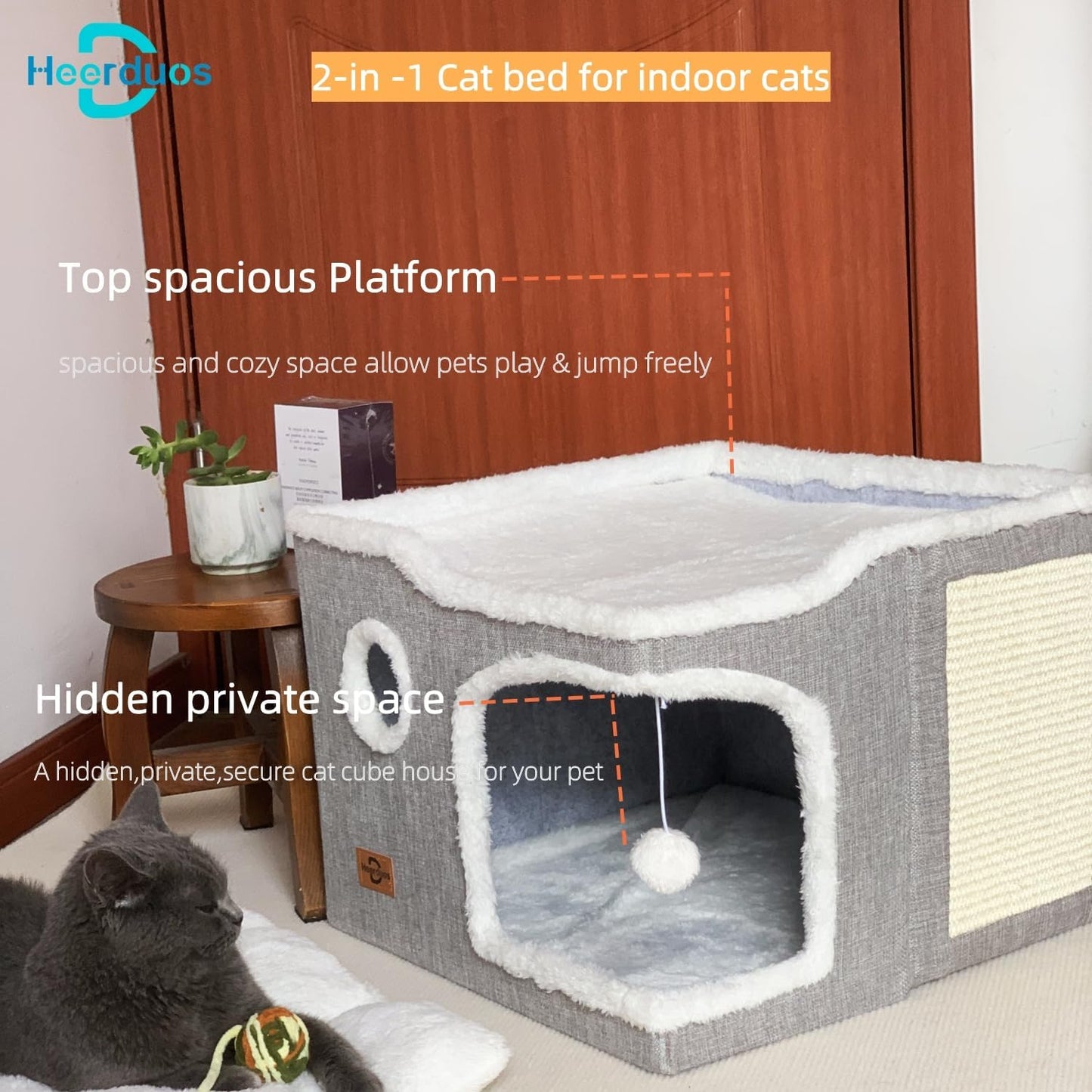 Cat Bed for Indoor Cats,Covered Cat Cave House & Furniture with Scratch Pad,Foldable Cat Hideaway Hut Cute Cat Condo with Soft Washable Mat for Multi Small Pet Under 30 lbs,Light Grey - Pet Explorer