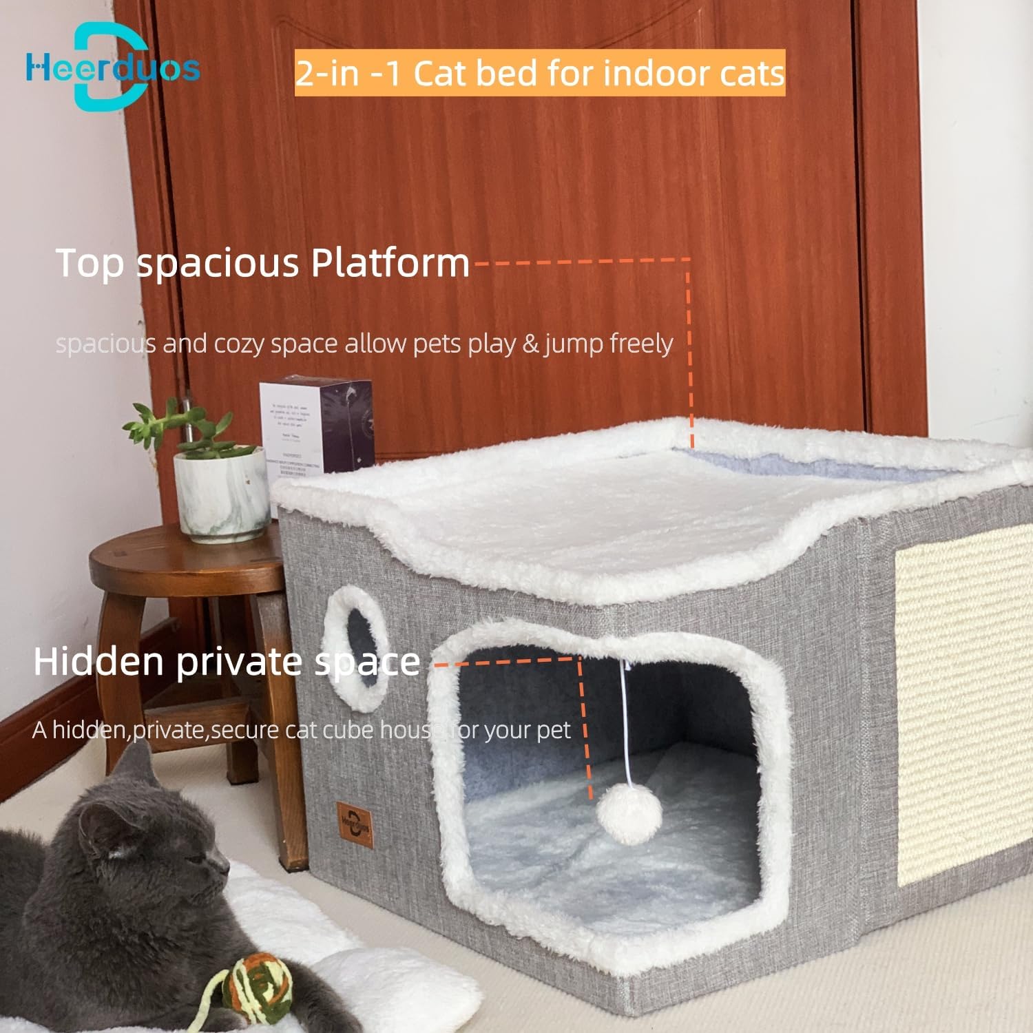 Cat Bed for Indoor Cats,Covered Cat Cave House & Furniture with Scratch Pad,Foldable Cat Hideaway Hut Cute Cat Condo with Soft Washable Mat for Multi Small Pet Under 30 lbs,Light Grey - Pet Explorer