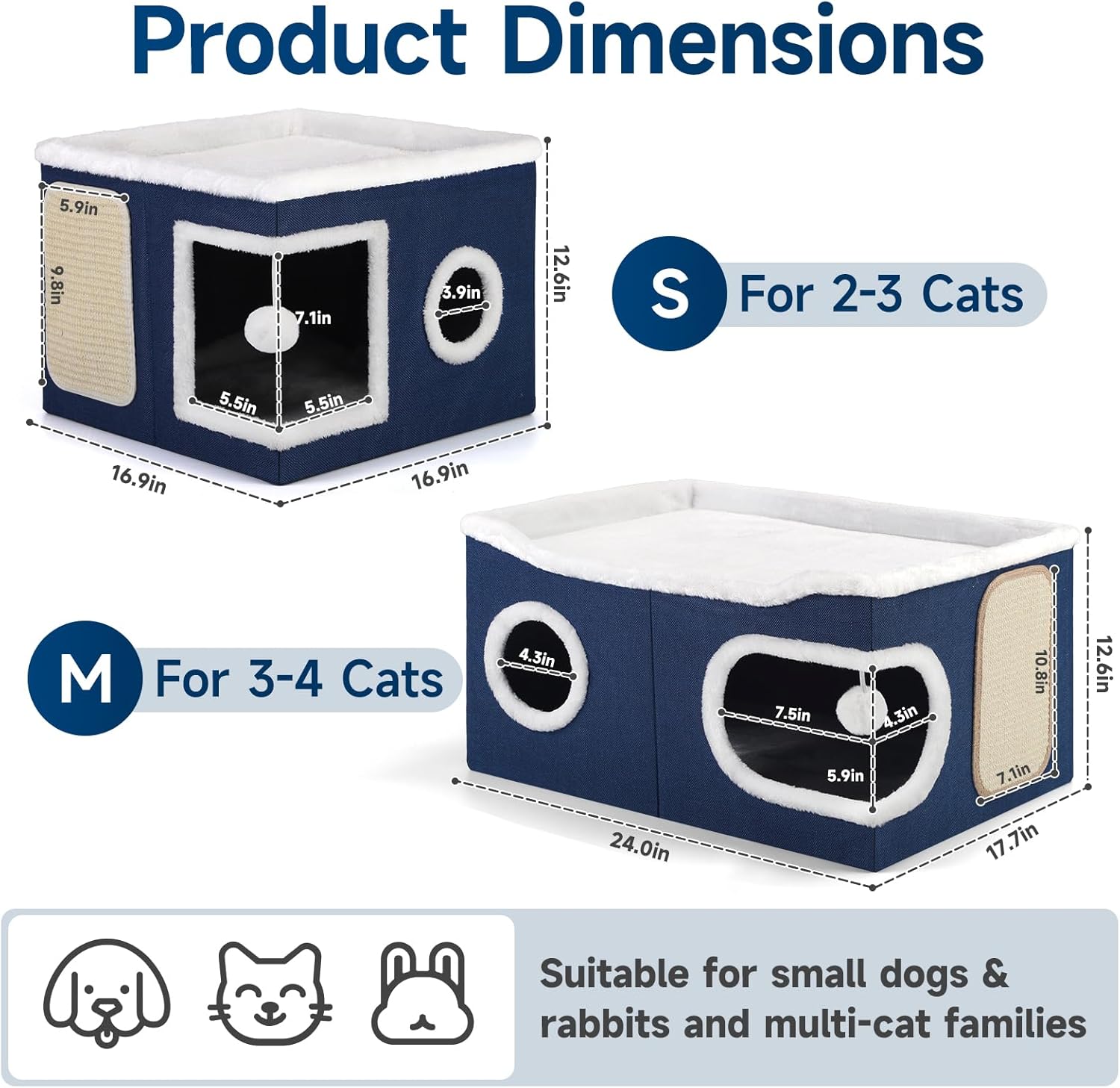 Cat Beds for Indoor Cats, Extra Wide Cat Cube House for Multi Cats, Foldable Cat Cave Hideaway with Arc-Edge Design & Oval Door, Double-Side Soft Cushion for All Seasons, 24"L x 17.7"D x 12.6"H, Blue - Pet Explorer