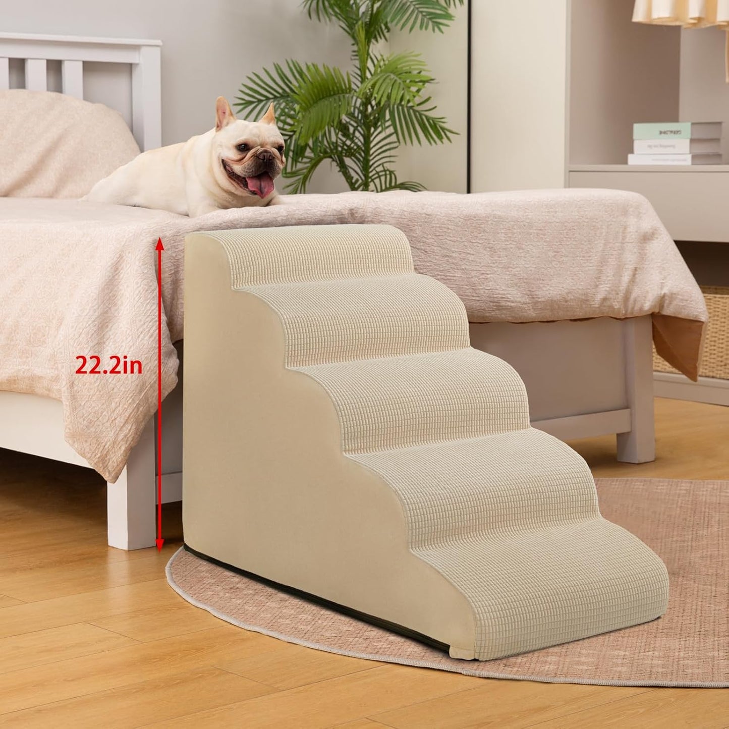 5-Step Dog Stairs and Ramp for High Bed,Non-Slip Sturdy Pet Steps for Small Dogs and Cats,22.2" H,Beige - Pet Explorer