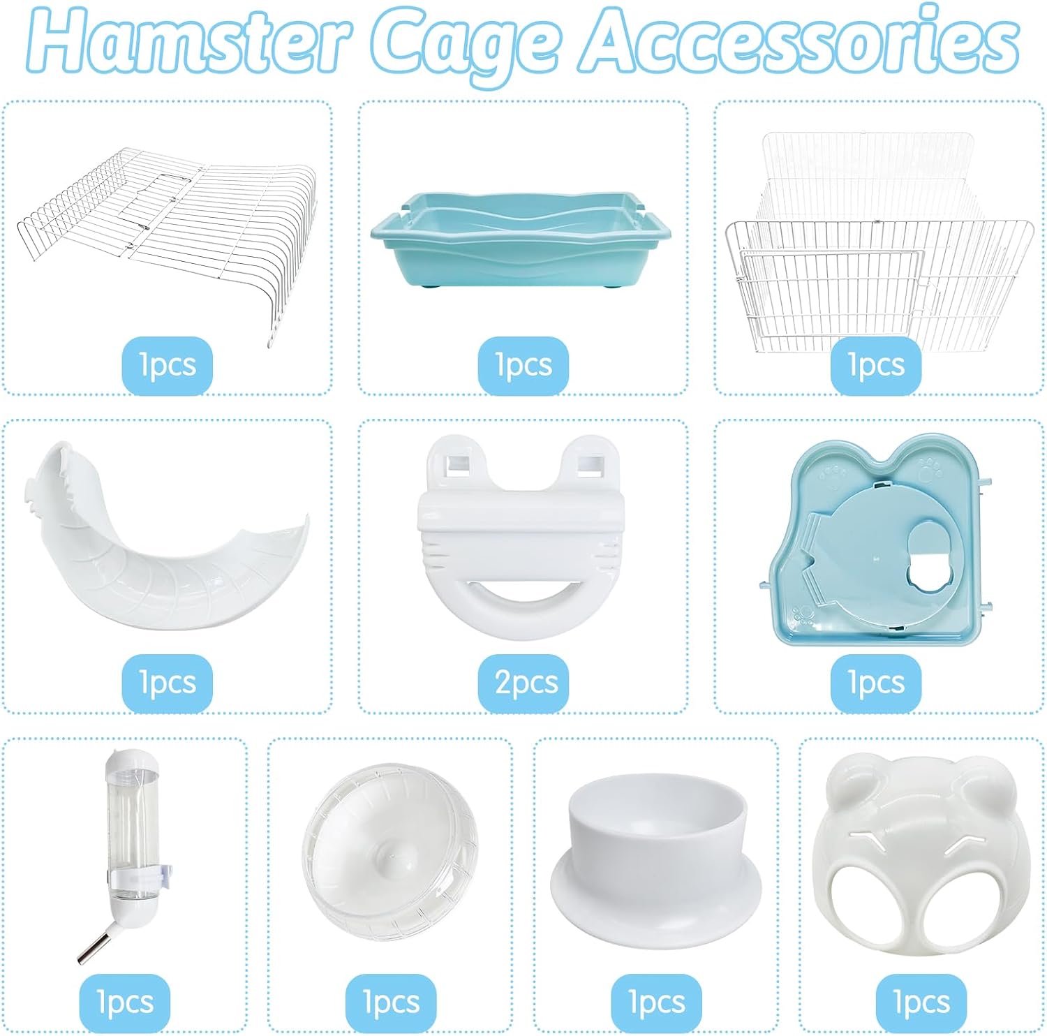 PINVNBY Dwarf Hamster Cage, Small Animal Cages, 2-Tier Travel Portable Mouse Cage Hamster Carrier with Castle House Running Exercise Wheels, Water Bottle and Food Dis（Blue） - Pet Explorer