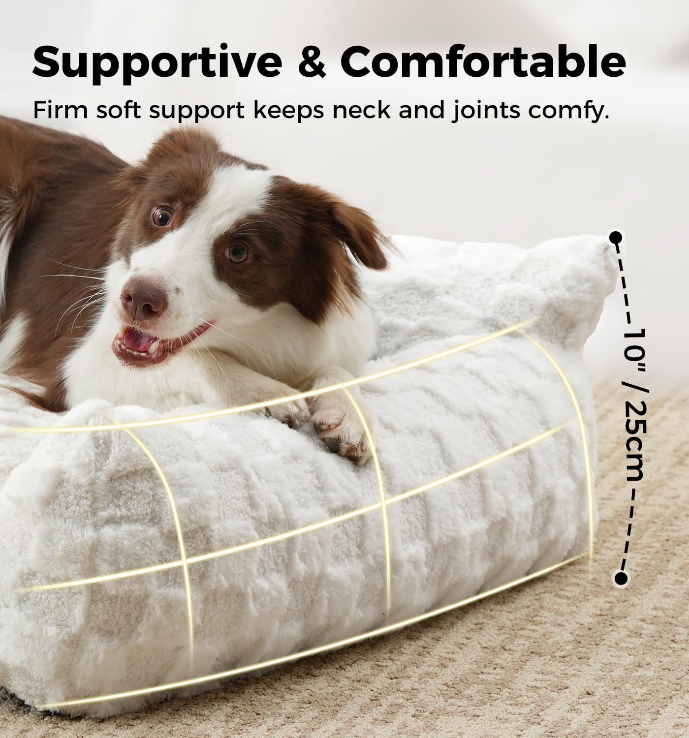 Made4Pets Cat and Dog Couch Bed, Soft Faux Fur Checkered Pet Sofa, Cozy Fluffy Pet Sofa with Supportive Foam, Removable Washable Cover with Non-Slip Base, White, Medium - Pet Explorer