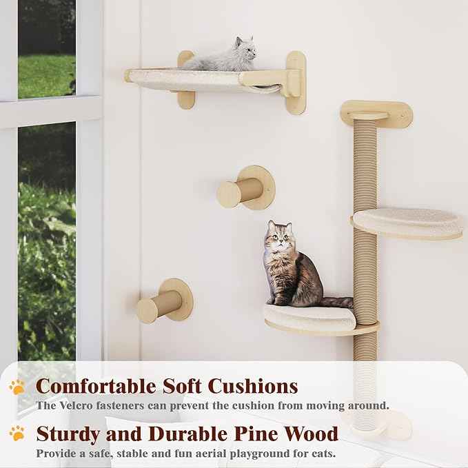 BYBYME 7 Pcs Wall-Mounted Cat Shelves, Multi-Level Sturdy Climbing Frame with Scratching Posts, Kitten Platform & Cat Bed for Playing & Resting, Solid Wood Indoor Cat Room Tree（Natural Wood）