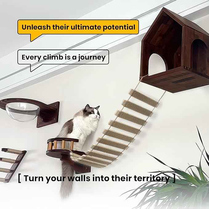 40in Cat Ladder & Bridge, Outdoor Cat Tree with Jute Rope, Multi-Level Climbing Frame & Scratcher for Indoor/Outdoor Cats (Wood Tone, 40in)