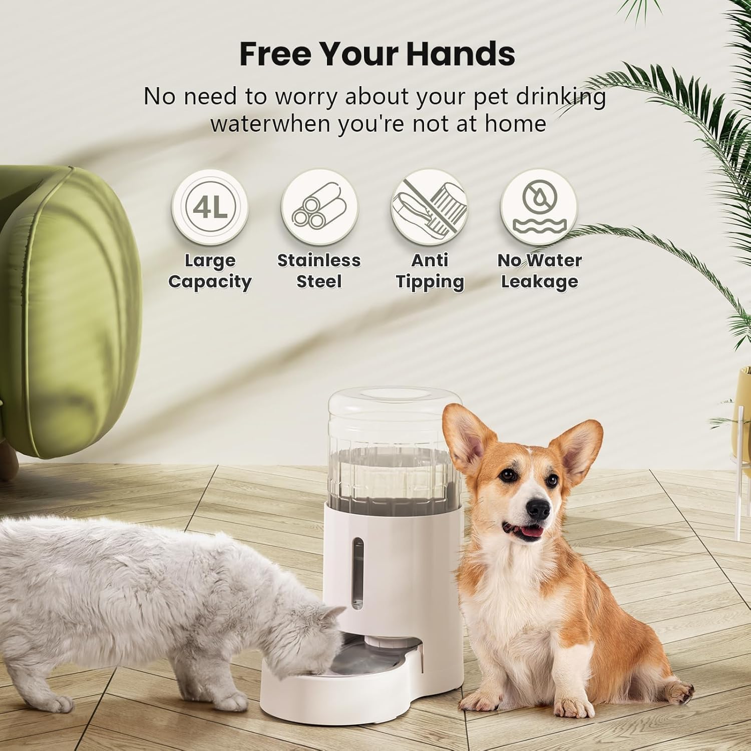 CZPET Automatic 4L/135Oz/1Gal Cat Water Dispenser with Stainless Steel Bowl, Gravity Waterer for Small Medium Dog Puppy Kitten (White) - Pet Explorer