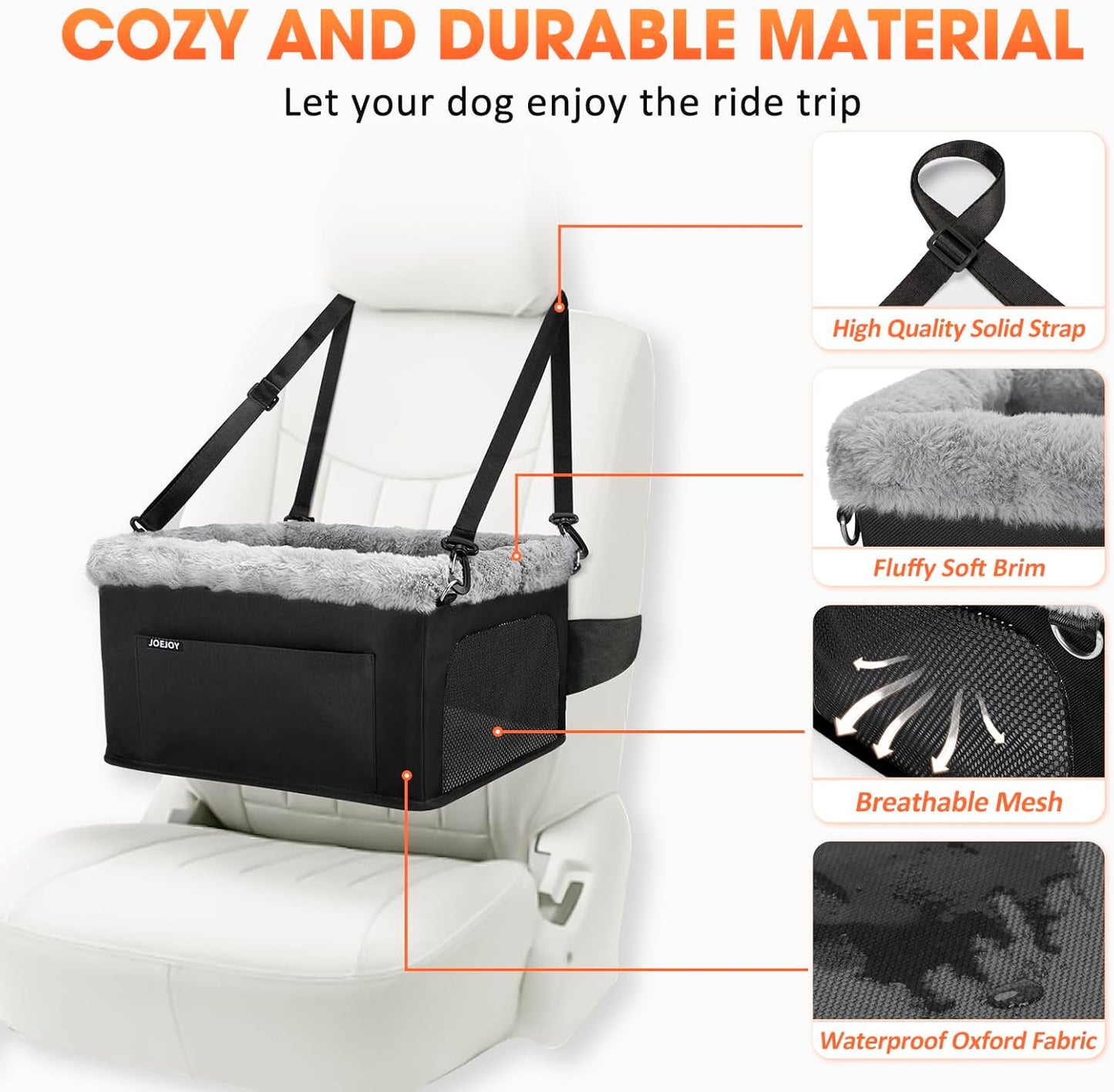 JOEJOY Deluxe Dog Booster Seat with Sturdy Metal Frame and Safety Leash for Small Pets up to 20 lbs - Portable Puppy Dog Car Seat with Thick Cushion and Storage Pockets for Small Dogs, Black - Pet Explorer