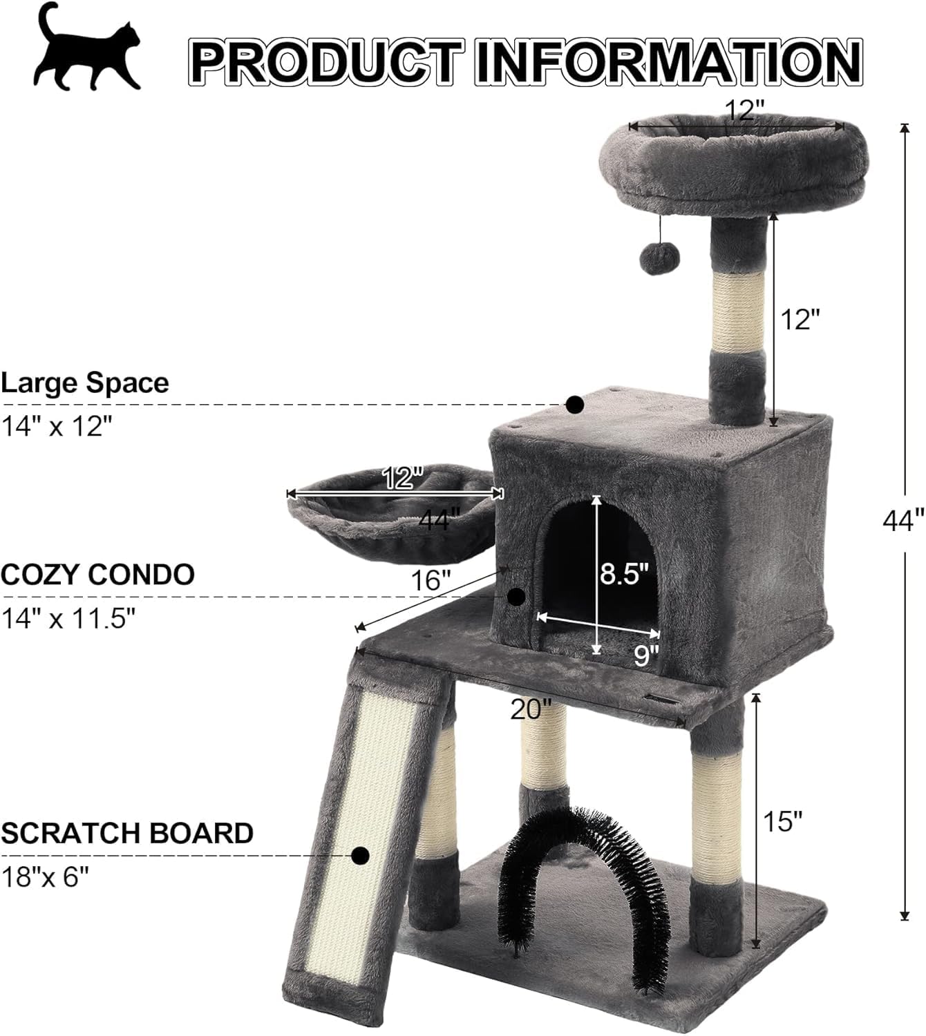 HOOPET 44IN Cat Tree for Indoor Cats - Multi-Level Cat Tower with Hammock, Condo, Scratching Posts, Self-Grooming Brush & Play Ball - Space-Saving Cat Furniture for Small Apartments