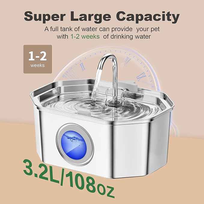 Cat Water Fountain Stainless Steel 108oz/3.2L, APAUK Automatic Pet Fountain Dog Water Dispenser with Water Level Window, Quiet Cat Fountain for Drinking, Inside with Replacement(4 Filters&4 Sponges)