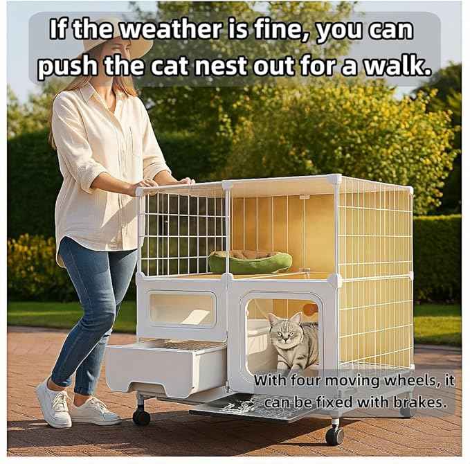 cat cage Indoor with Litter Box, Complimentary Bed, Bowl,Cleaning Three Piece Set,Large cat Enclosure, Cat House with Wheels Outdoor,Small Animal Cage cat Kennel (White, 28″(L) x18.1″(W) x46.1″(H)