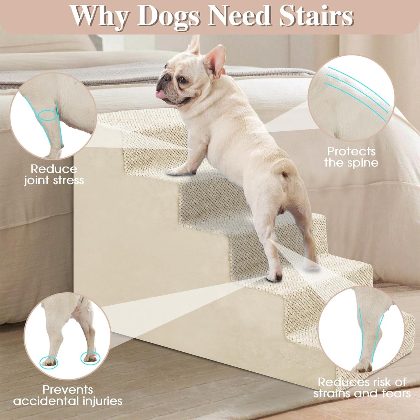GGIB Dog Stairs for Small Dogs Pet Stairs for Sofa Couch Dog Ramp Pet Steps with Removable Washable Cover, Beige, 22" H, 5-Step - Pet Explorer