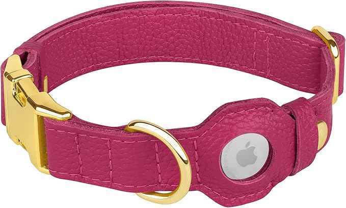Leather Airtag Dog Collar - Soft Tracking Dog Collar with Apple AirTag Holder and Metal Buckle - Safety GPS Pet Collars for Small Medium Large Dogs Puppy Pink Red (Pink, L, 17"-21" Neck Fit)