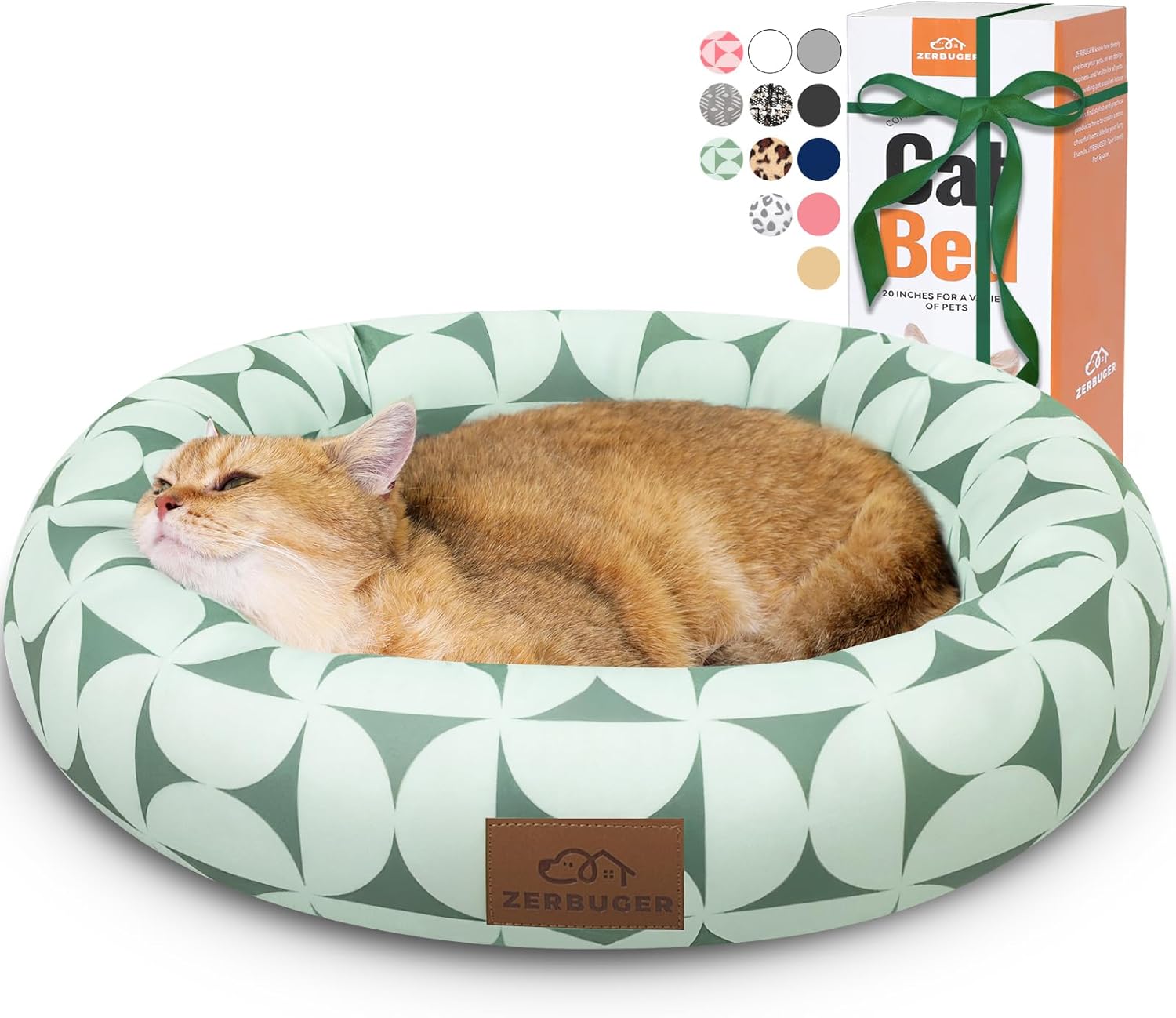 Cat Bed, 20In Dog Beds for Small Dogs, Calming Cat & Dog Beds for Indoor Pets, Pet Beds Comfortable Donut Round Ultra Soft (Green Pattern, 20.0" L x 20.0" W x 6.5" Th) - Pet Explorer