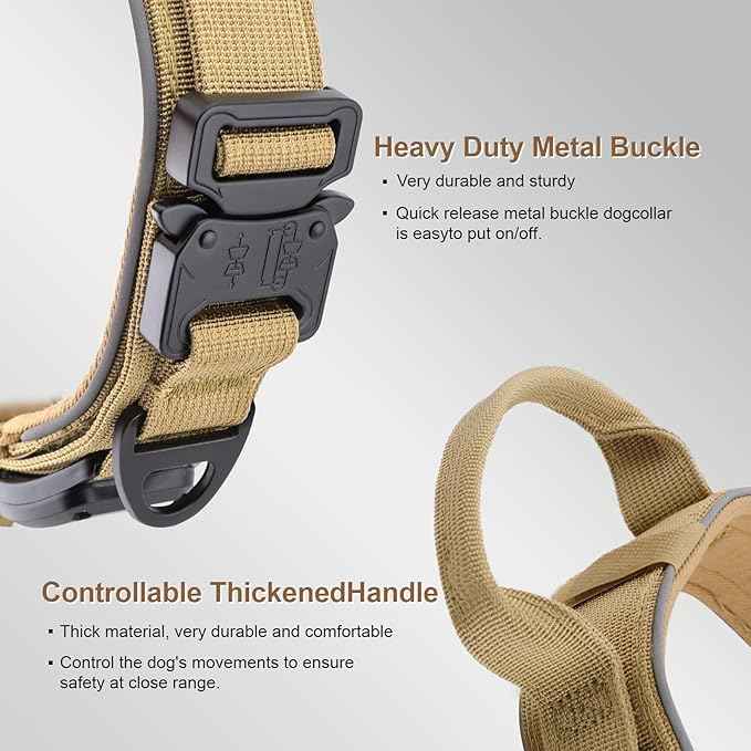 2026 Upgrade Dog Collar with IPX8 Waterproof AirTag Holder,Military Tactical Comfortable Control Handle and Ultra-Durable Metal Buckle/Night Reflective,GPS Collar for Medium to Large Dogs（Khaki/M）