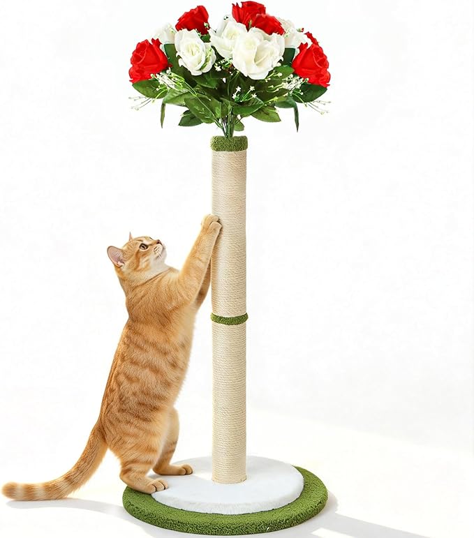 CWV 45" Tall Cat Scratching Post, Cute Rose Flower Cat Scratcher for Indoor Adult Cats & Kittens, Cat Tree Tower with Sturdy Base, Sisal Rope, Interactive Toys & Cat Gifts, Rascadores para Gatos