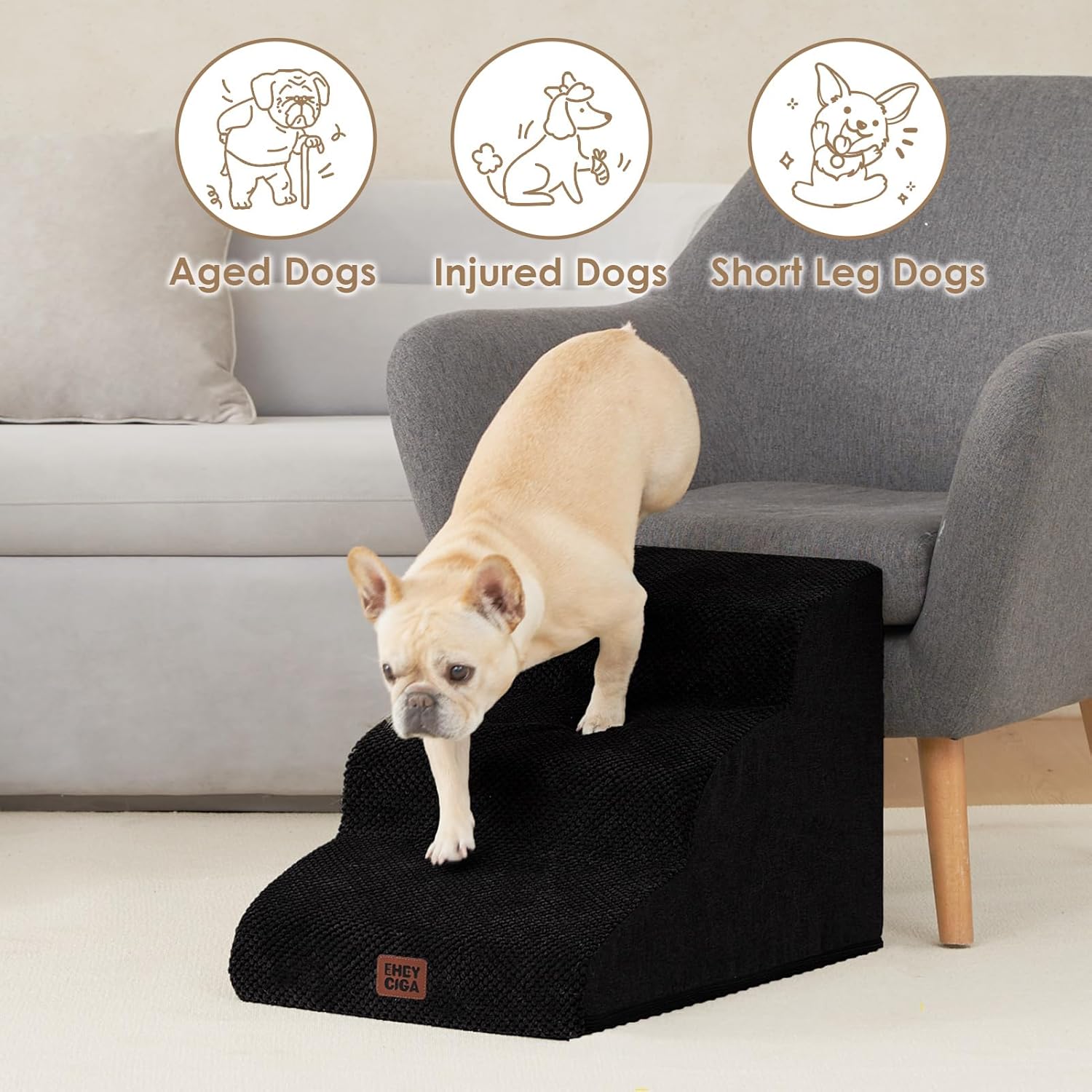 EHEYCIGA Curved Dog Stairs Ramp for Small Dogs 15.7" H, 3-Step Dog Steps for Couch Sofa and Chair, Pet Stairs for Cats, Non-Slip Balanced Pet Steps Indoor, Black - Pet Explorer