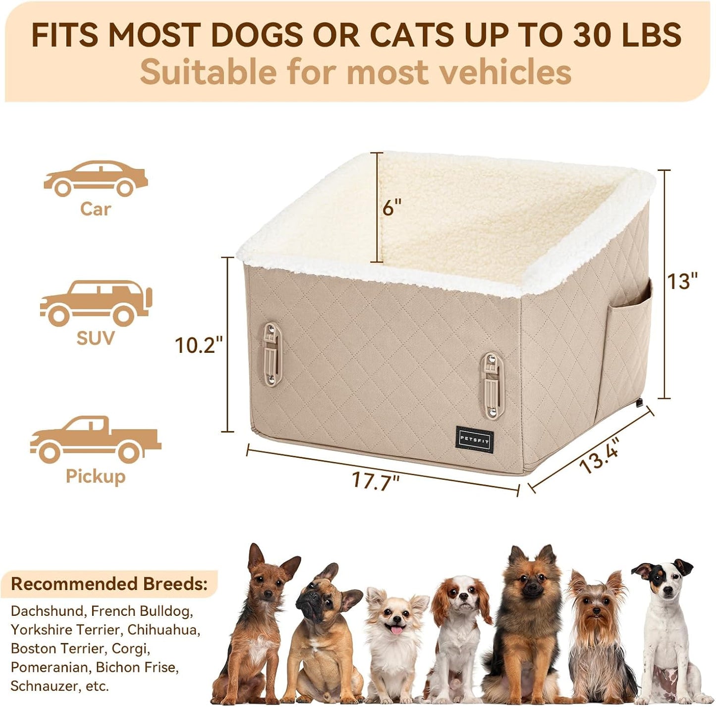 PETSFIT Small Dog Booster Car Seat, Soft Foam Puppy Carseat with Patented Safety Buckles, Storage Pockets and Detachable Clip-On Safety Leash, Dog Car Booster Seat for Medium Pet Under 30 LBS (Khaki) - Pet Explorer