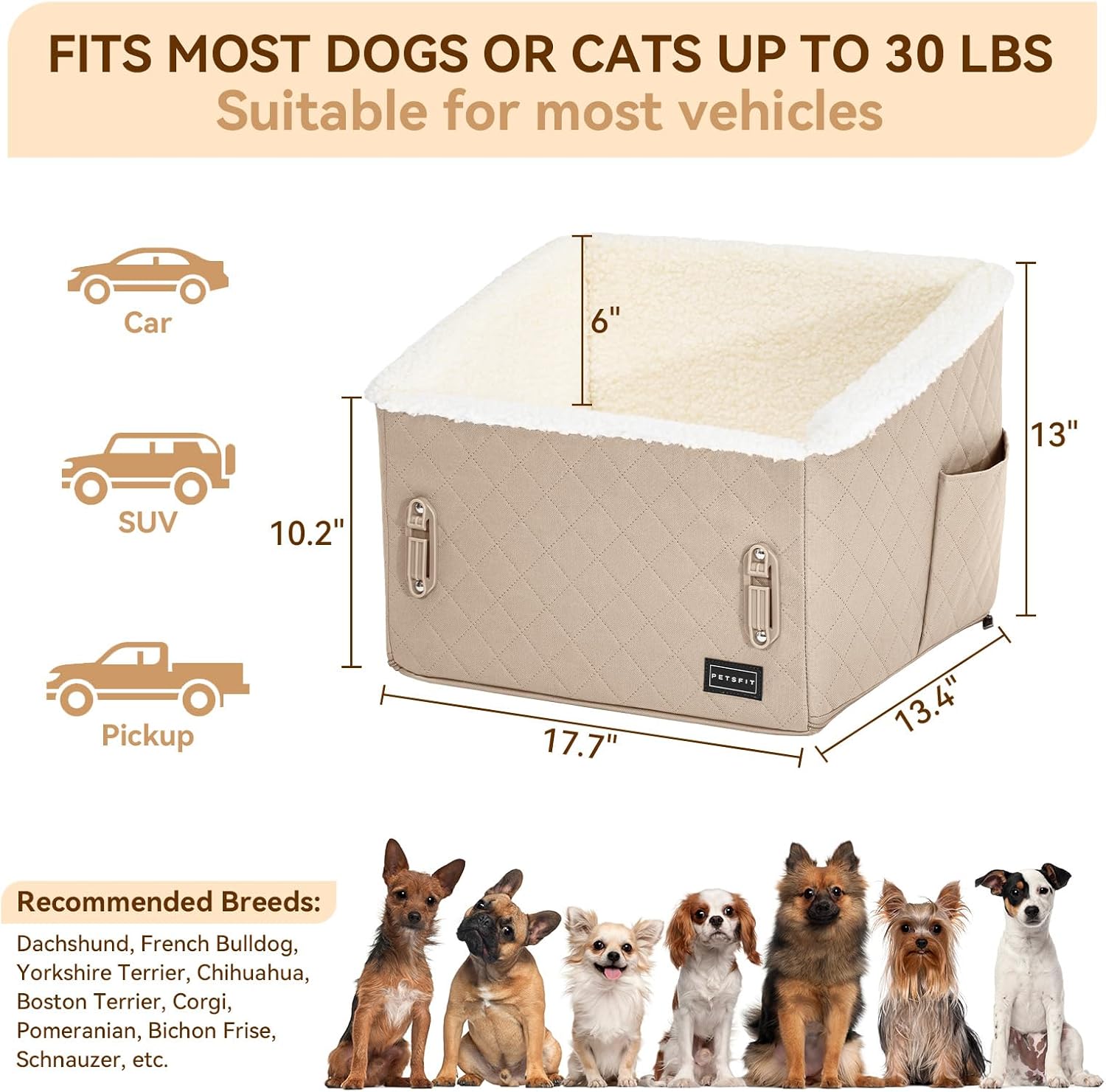 PETSFIT Small Dog Booster Car Seat, Soft Foam Puppy Carseat with Patented Safety Buckles, Storage Pockets and Detachable Clip-On Safety Leash, Dog Car Booster Seat for Medium Pet Under 30 LBS (Khaki) - Pet Explorer