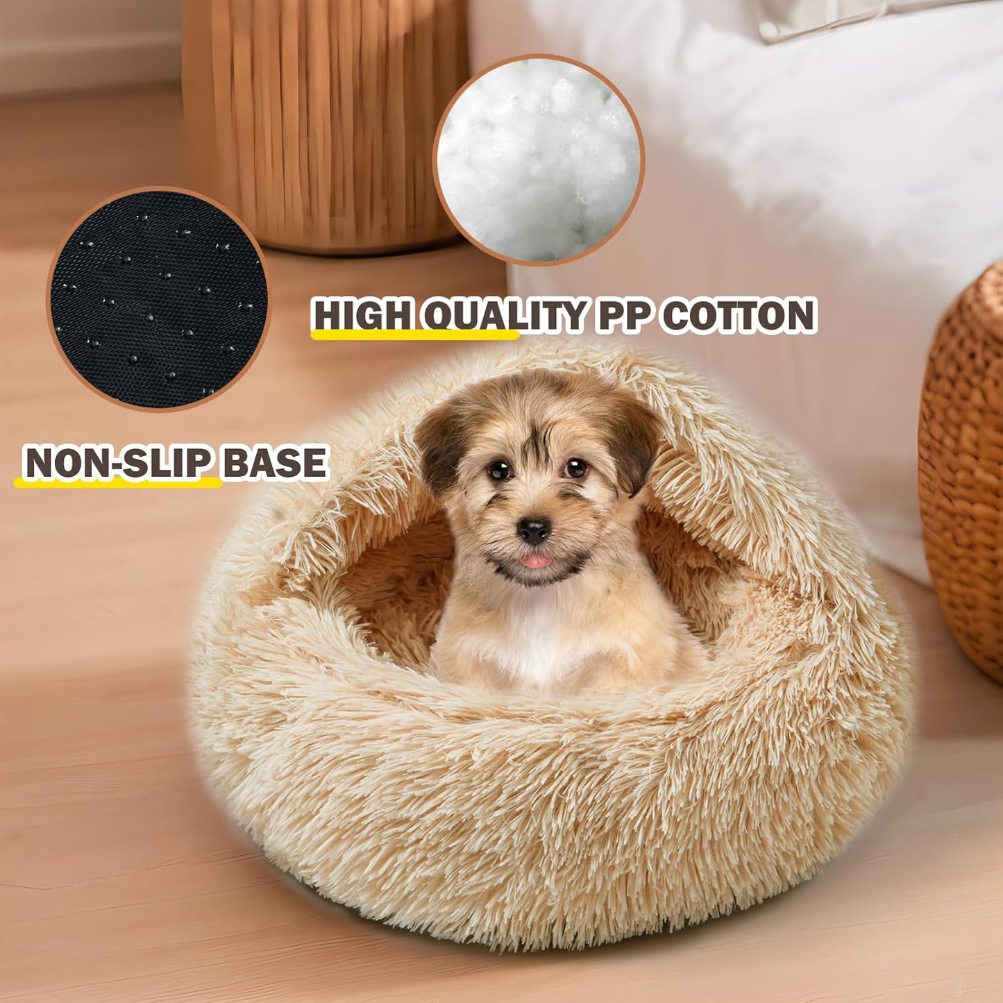 Cat Bed for Indoor Cats, Calming Cozy Cave with Self-Warming Plush, Entire Bed Machine Washable & Anti-Slip Base, Breathable Pet Bed for Small Cats&Dogs All Seasons (Apricot Color, 20 * 20inch) - Pet Explorer