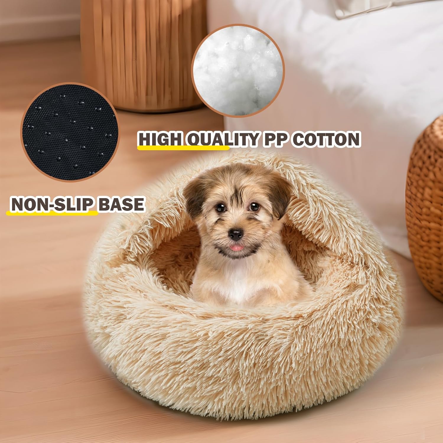 Cat Bed for Indoor Cats, Calming Cozy Cave with Self-Warming Plush, Entire Bed Machine Washable & Anti-Slip Base, Breathable Pet Bed for Small Cats&Dogs All Seasons (Apricot Color, 20 * 20inch) - Pet Explorer
