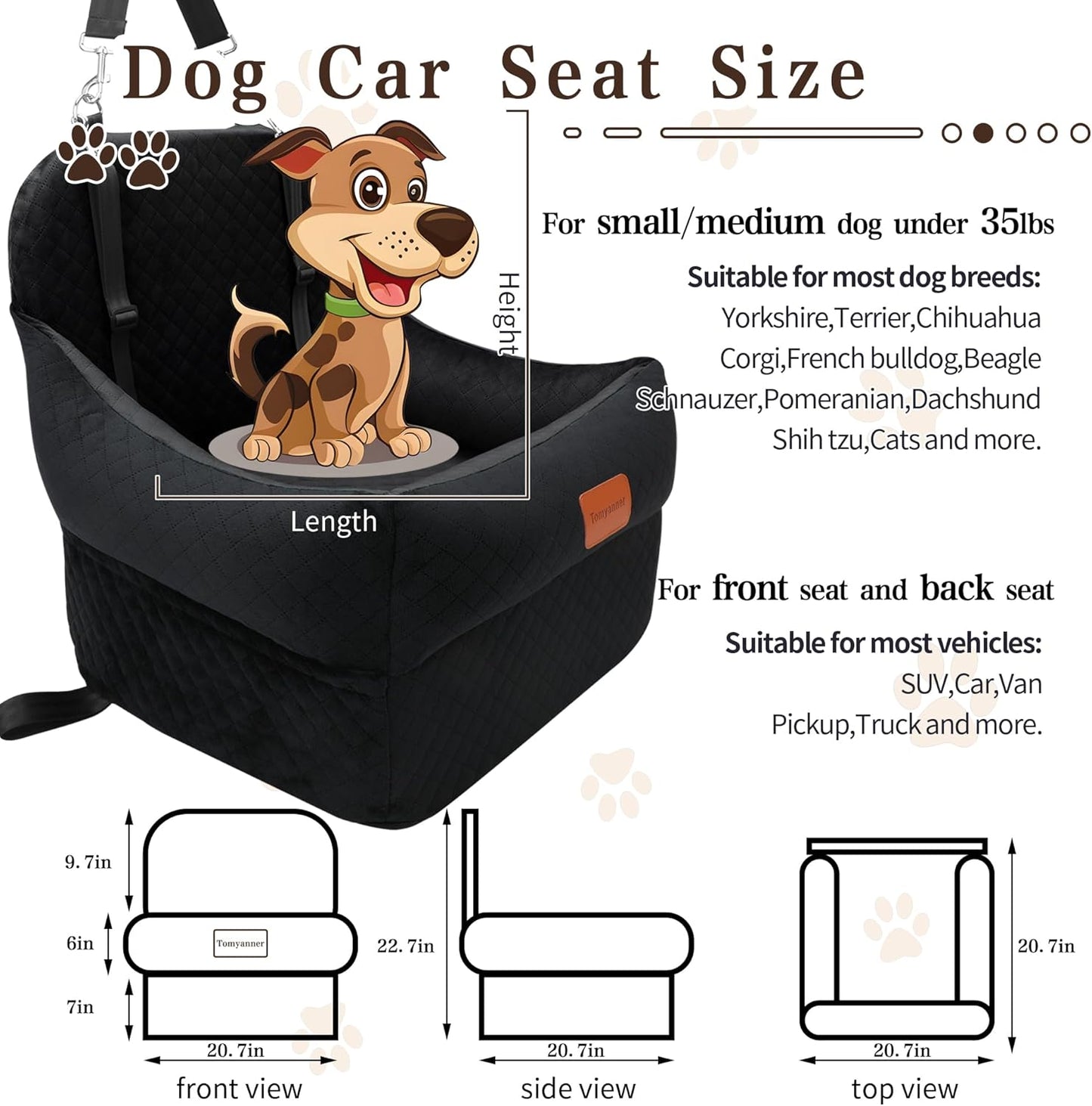 Dog Car Seat-Dog Booster Car Seat with 7''Interior Height,Pet Travel Car Seat with 2 Safety Leashes,Car Dog Seat Restraint Small/Medium Dog up to 35 lbs,Detachable Washable,Easy to Install(H-Black) - Pet Explorer