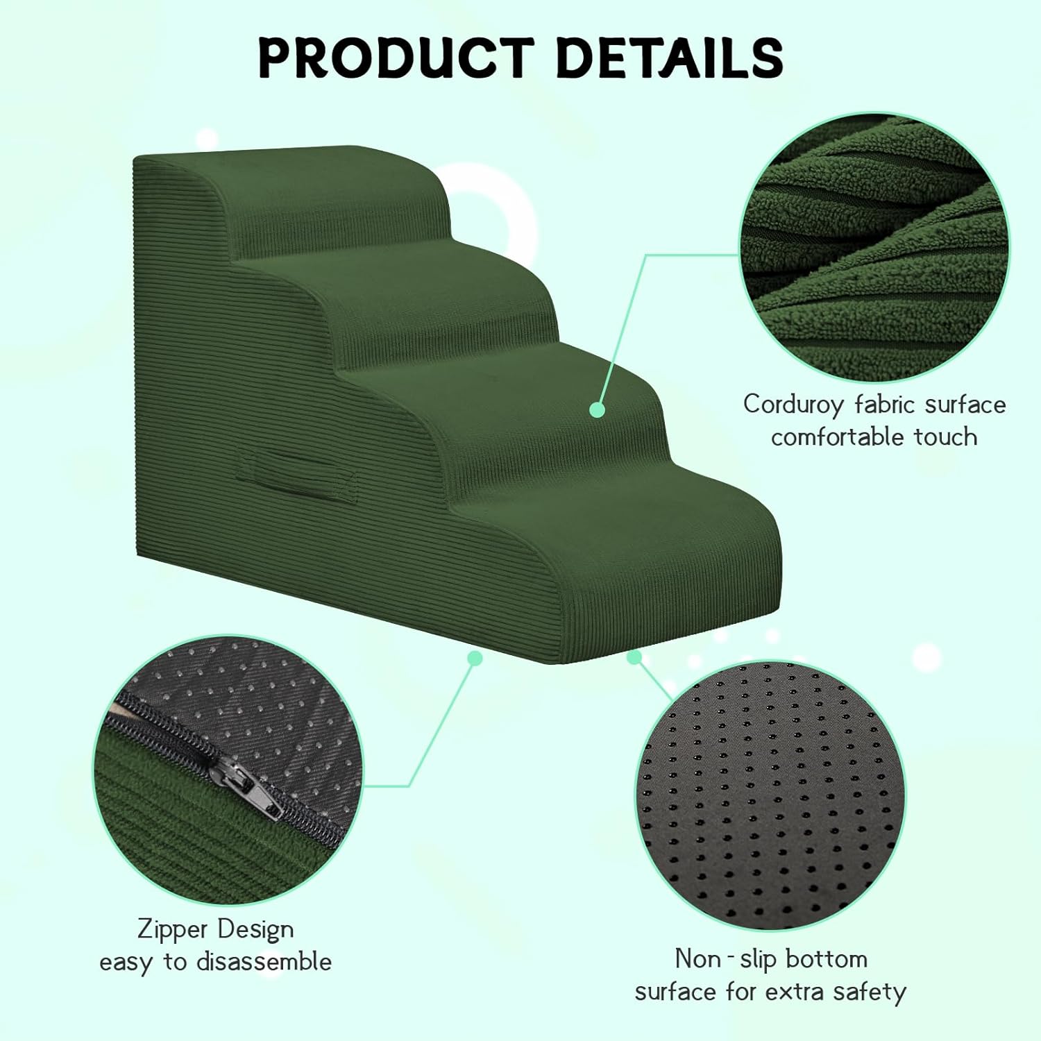 Dog Steps for Small Dogs, 3-Step Pet Ramp Stairs for High Beds and Sofa, Non-Slip Pet Stairs for Small Dogs and Cats, Removable and Easy to Clean Cover, Green - Pet Explorer