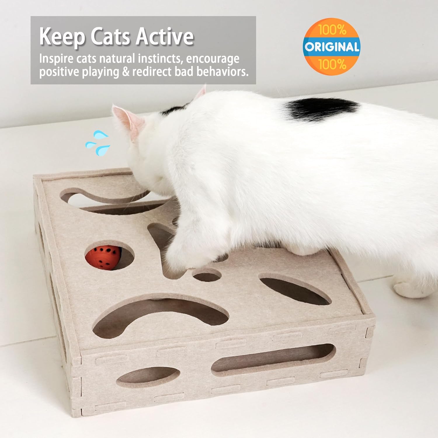 PETKARAY Felt Cat Puzzle Toy, Interactive Cat Toys for Indoor Cats, Interactive Maze for Kitten Felt Puzzle Box with Ball, Beige - Pet Explorer