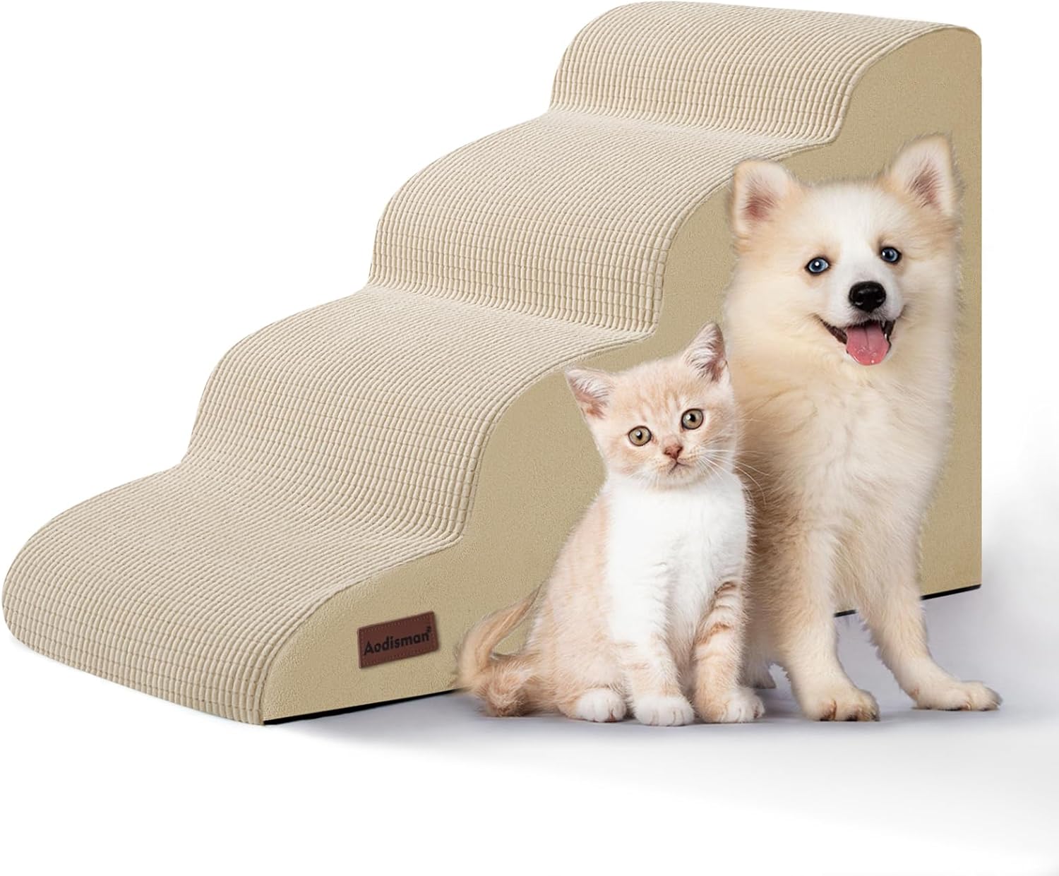 4-Step Dog Stairs and Ramp for Beds or Couches,Non-Slip Sturdy Pet Steps for Small Dogs and Cats,17.4" H,Beige - Pet Explorer