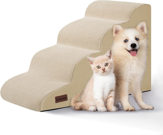 4-Step Dog Stairs and Ramp for Beds or Couches,Non-Slip Sturdy Pet Steps for Small Dogs and Cats,17.4" H,Beige - Pet Explorer