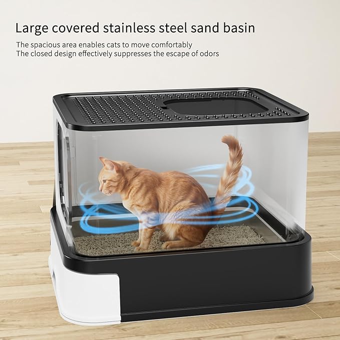 RIZZARI Stainless Steel Cat Box: Large Leak-Proof Enclosed Odor-Free Design with High Walls - XXL Black - Teflon Non-Stick Coating & Easy-Clean Drawer - for Living Room Garage