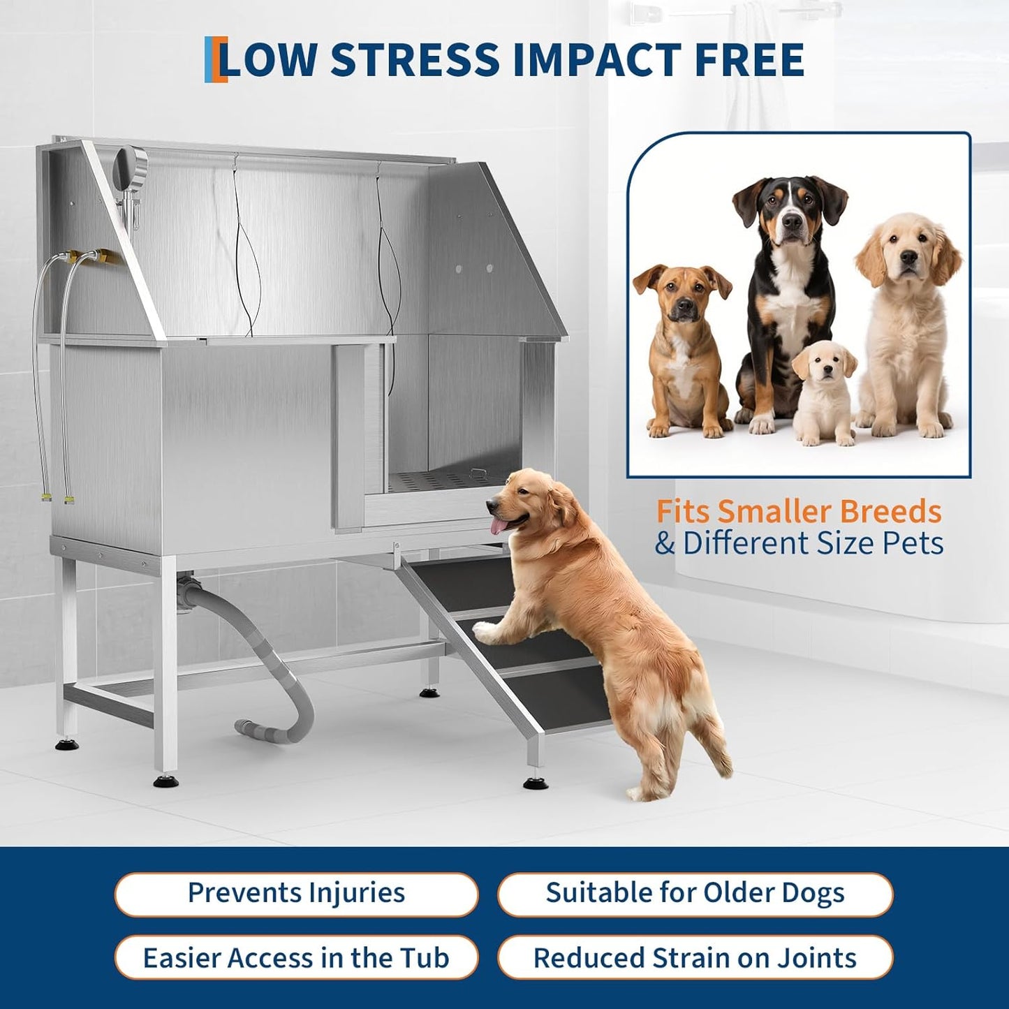 50" Stainless Steel Professional Dog Washing Station - Pet Bathing Tub w/Non-Slip Ramps | Slip-Resistant Floor Grate | for Large/Medium/Small Dogs - Pet Explorer