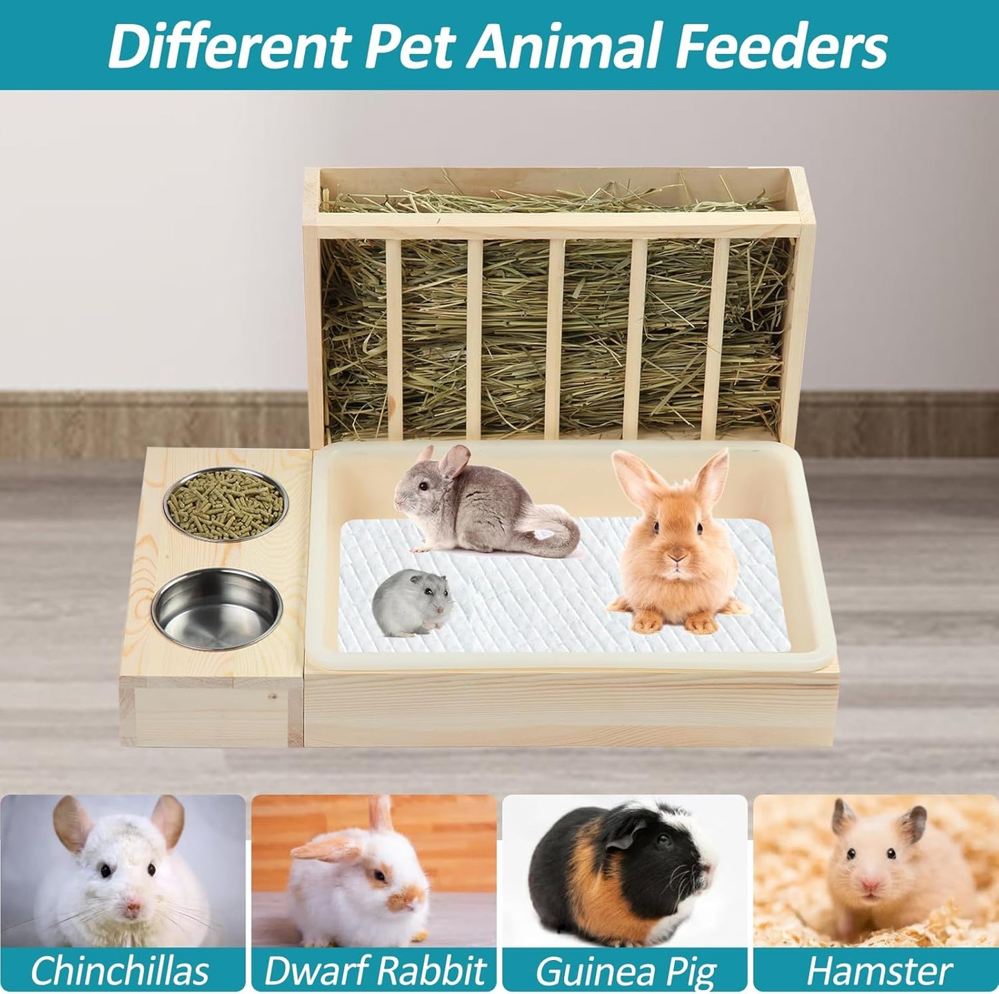 MOBYKE 3 in 1 Rabbit Hay Feeder with Litter Box, Wood, Mess Proof, for Guinea Pig, Chinchillas, Hamster, Dwarf Rabbit