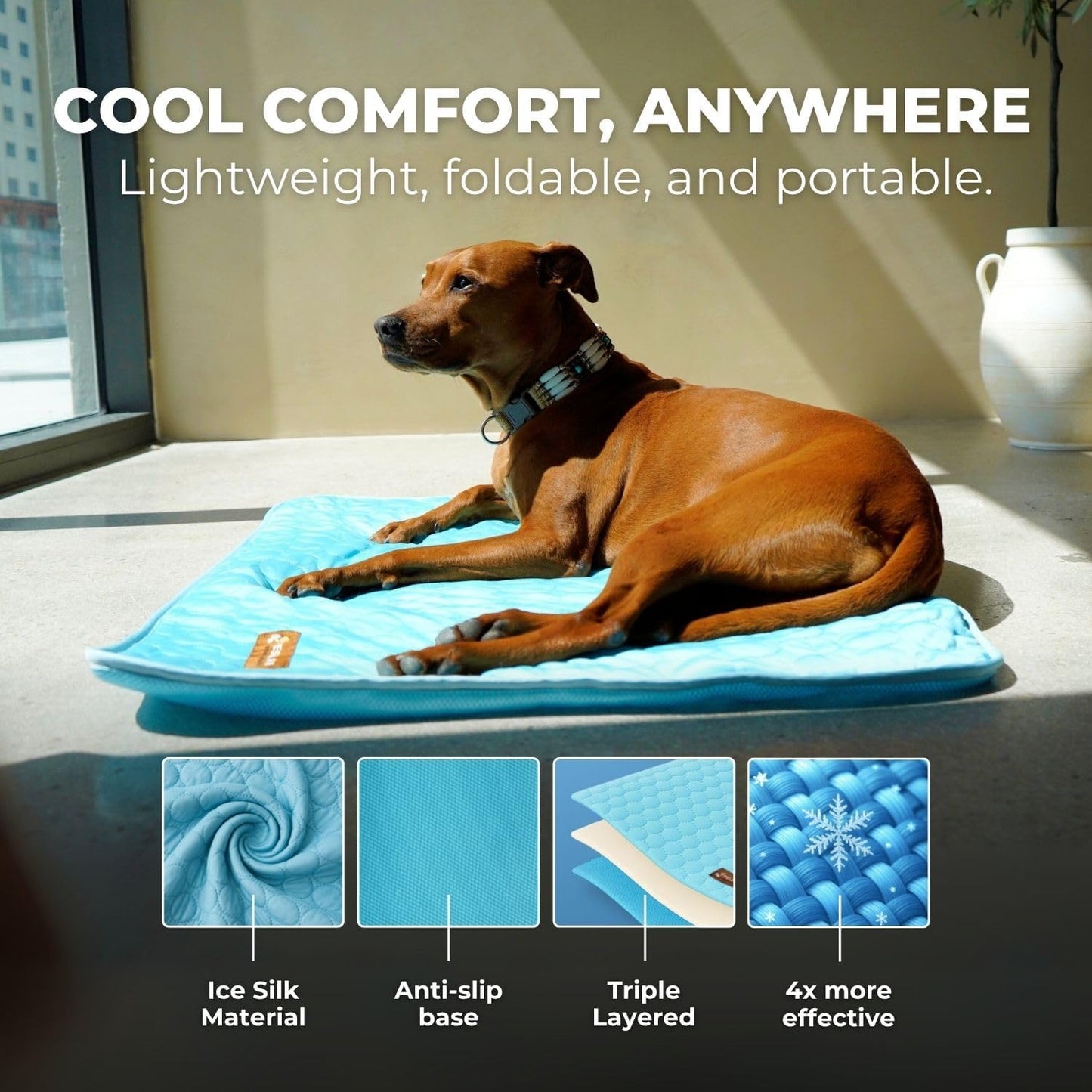 Dog Cooling Mat- Ice Silk Summer Comfort, Self Cooling, Non-Slip Dog Pad, Durable & Washable, Mat for Extra Large Dogs 85x115 cm, Support Shelter Dogs with Every Purchase (Blue) - Pet Explorer