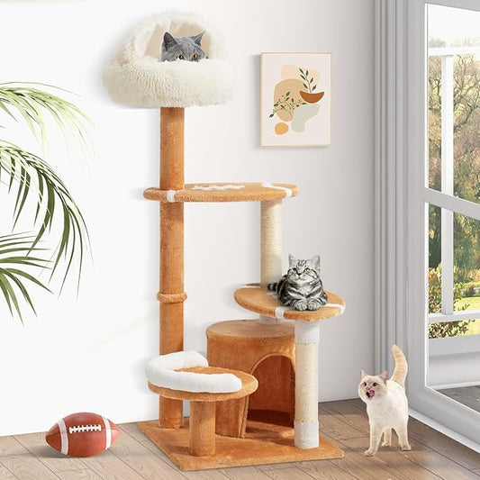 Erinnyees Cute Cat Tree for Indoor Cats Large Adult, 51" Multi-Level Tower with Condo & 12-Inch Plush Cat Bed, Football Shaped Platform, Space-Saving Cat Furniture for Apartments, Easy to Assembly
